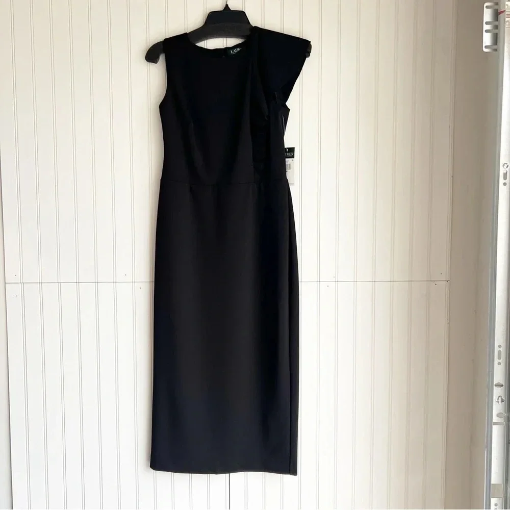 Lauren Ralph Lauren Size 4 Black Ruffle-Trim Crepe Dress NEW! - Picture 2 of 6